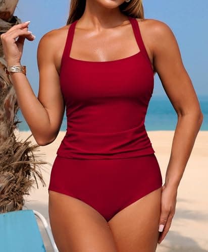 ZAFUL Tankini Swimsuits for Women 2025 Tummy Control Two Piece Bathing Suits Ruched Tankini Tops Swimwear Red XL - Thumbnail 2