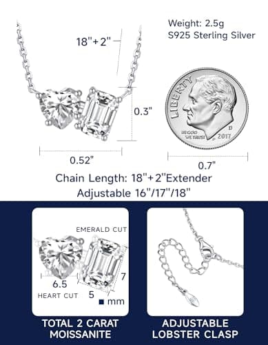 MomentWish Toi Et Moi Necklace, 2 Stone Necklace for Mom, Heart and Emerald Cut Moissanite Necklace for Women, 925 Sterling Silver Necklace Bithday Gift for Her(2Carat, VVS1), White - Thumbnail 6