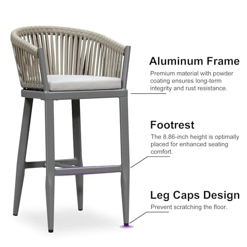 PURPLE LEAF Outdoor Bar Height Stools Set of 2 Patio Metal Modern Wicker Bar Chairs Woven Aluminum Barstools with Back and Cushions for Balcony Garden Indoor Kitchen Poolside Light Gray - Thumbnail 5