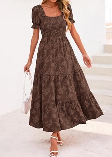 Lazysmile Women's Summer Boho Floral Maxi Dress Short Sleeve Square Neck Smocked Ruffle Elegant Wedding Guest Dress Brown - Thumbnail 4