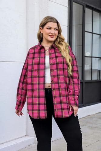 BLANCHES Plus Size Flannel Shirts for Women Lightweight Plaid Shirt Button Down Blouses Casual Boyfriend Shacket Pink - Thumbnail 2