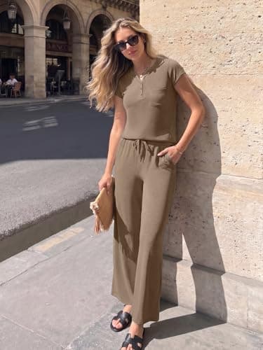 Casly Lamiit Two Piece Sets for Women Summer Casual Matching Outfits V Neck Tops Cropped Pants for Beach Vacation Lounge Travel Airport Camel XL - Thumbnail 2