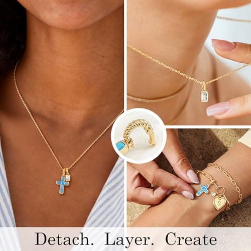 Fettero Cross Cross Necklace for Women - 14K Gold Plated Dainty Turquoise Cross Pendant Cute Simple Necklaces Non-Tarnish Faith Gold Necklace for Women Trendy Religious Jewelry Gift - Thumbnail 4