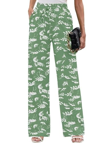 Heymoments Women Wide Leg Pants White Flower Green Large High Waist Loose Casual Pants Adjustable Tie Knot Belted Long Straight Trousers with Pockets - Image 1