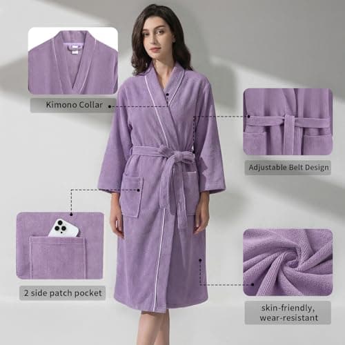 Inner Wish Women's Soft Terry Cloth Bathrobe - Ultra Absorbent Quick Dry Kimono Robe for Shower,Spa,Home，Light Purple，L/XL - Thumbnail 3