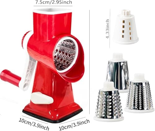 Rotary Cheese Grater with Handle, Multifunctional Kitchen tool, Stainless Steel Rotary Grater Slicer for Fruit, Vegetables, Nuts (Red) - Thumbnail 6