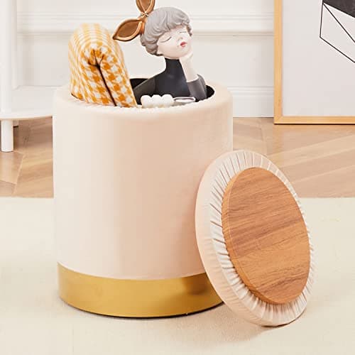 Mxfurhawa Velvet Storage Ottoman Multipurpose Footrest Stool with Metal Base Modern Round Vanity Stool Chair Ottoman Foot Stools Support 300 lbs Padded Seat for Living Room (Champagne) - Image 1