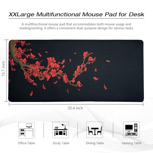 GMKWTL Large Gaming Mouse Pad for Desk, Black Plum Blossoms XXL Mouse Pad, 35.4x15.7 Inch, Waterproof, Non-Slip Rubber Base - Thumbnail 2