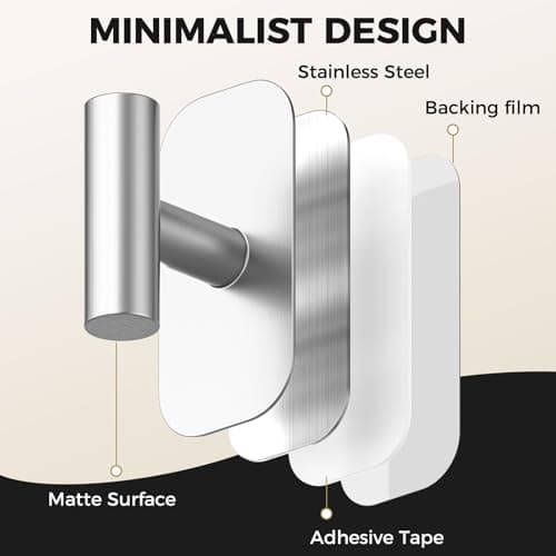 IMUMU Adhesive Towel Hooks for Shower,Waterproof Heavy Duty Bathroom Hooks,Wall Mounted Sticky Hangers for Coats/Aprons/Robes,No Drilling(Silver,2 Pack) - Thumbnail 4