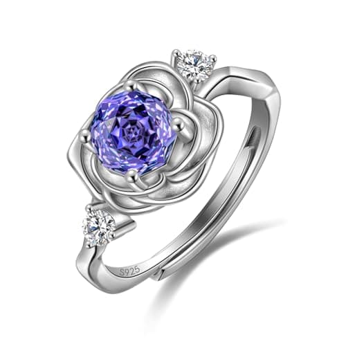Rose Birthstone Ring - 925 Sterling Silver Rose Cut Cubic Zirconia December Tanzanite 3D Flower Adjustable Ring Engagement Promise Ring Birthday Jewelry Gift for Women Wife Daughter DR0166D - Image 1
