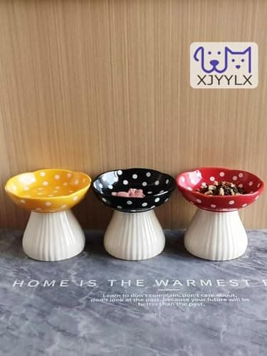 XJYYLX Elevated Mushroom Cat Bowls Ceramic, Raised Cat Bowls for Indoor Cats, Cute Whisker Fatigue Cat Bowl, Raised Dog Bowl Stand for Food and Water, Yellow 6" Wide for Adult Cats - Thumbnail 6