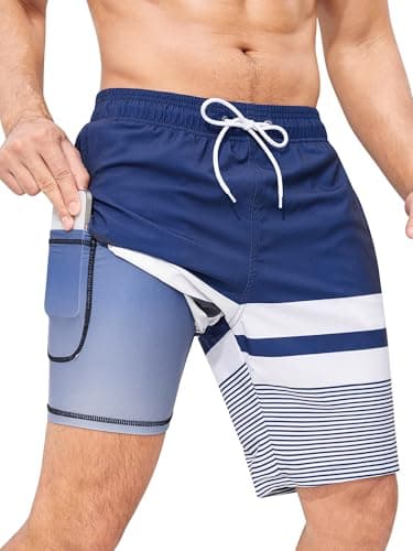 SILKWORLD Mens Swimming Trunks with Compression Liner 2 in 1 Quick-Dry 9" Swim Shorts with Zipper Pockets, Blue Stripes, Small - Image 1