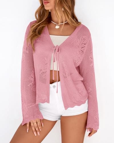 BTFBM Summer Cardigans for Women Lightweight 2026 Spring Crochet Hollow Out Long Sleeve Tie Front Beach Vacation Coverups(Pink, X-Large) - Thumbnail 4