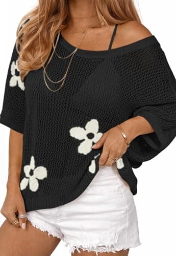 ATHMILE Womens Floral Spring Tops Summer Fashion Shirts Short Sleeve Beach Vacation Crochet Knit Sweater Lightweight Pullover Black - Image 1