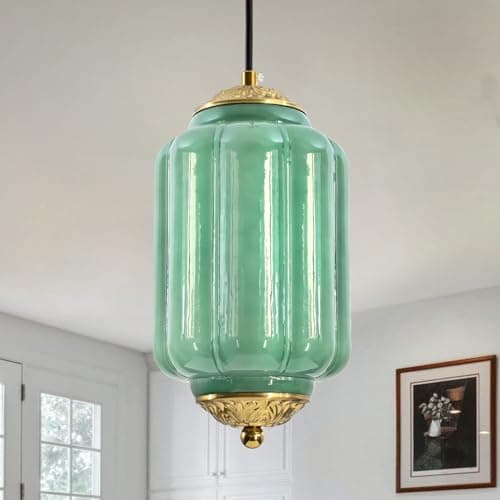 Dalouguan Vintage Green Glass Pendant Light, 5.5 Inch Cylindrical Lantern with Brass Accents, Kitchen Island Hanging Lamp for Bedroom Dining Room Hallway
