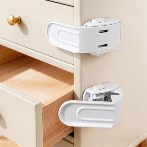 Maveek Baby Safety Drawer Lock - 4 Pcs Upgraded Baby Proofing Locks, One Hand Operation Infant Latches For Corner Drawers, Kitchen Cabinets, No Drill Child Proofing Kit (White) - Image 1