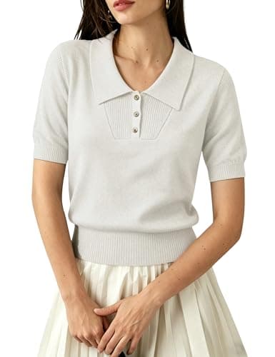 PUWEI Womens Short Sleeve Sweater Casual Collared Polo Shirt Lightweight Crew Neck Knit Tops Cropped Pullover Sweater (White-M) - Image 1