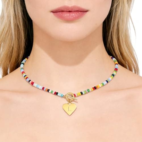 ARZASGO Initial Necklace for Women - Colorful Beaded Necklace Love Initial Letter Pendant Choker, Personalized A-Z Letter Necklaces Jewelry Gift - Thumbnail 5