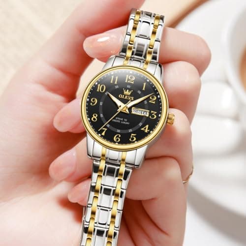 OLEVS Watch Women Luxury Stainless Steel Waterproof Small Wrist Black Face Simple Analog Quartz Watches for Women Easy to Read Gold and Silver Two Tone Arabic Numerals Ladies Watches - Thumbnail 2