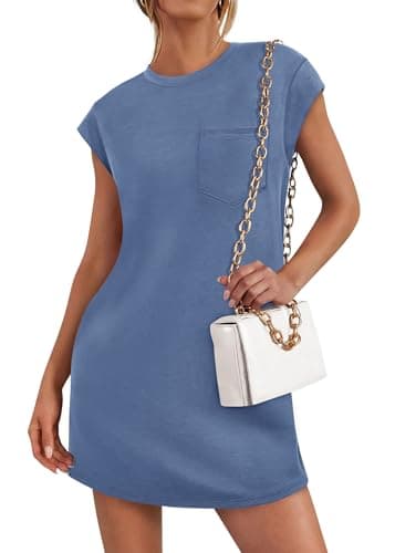KIRUNDO Summer Mini Tshirt Dress 2026 Cap Sleeve Spring Dresses for Women Loose Casual Crewneck Sundress Beach with Pockets(Dusty Blue, Small) - Image 1