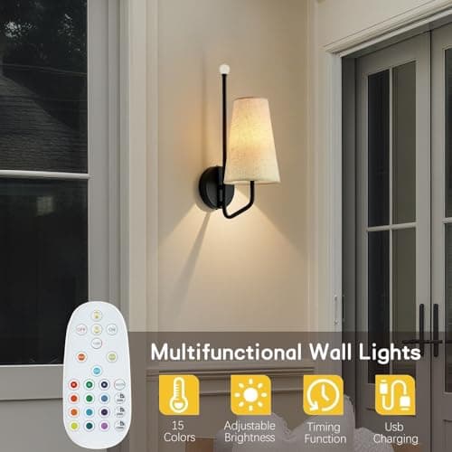 MHSNL Battery Operated Wall Sconces,Rechargeable Wall Lights with 12 Colors Remote Dimmable Cordless Battery Sconce Indoor Wall Lamps for Bedroom Living Room Bedside Hallway Stairs Black 1 Pack - Thumbnail 2