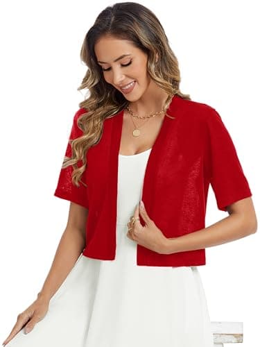 Heymoments Women's Thin Shrugs for Dresses Red Large Open Front Short Sleeve Lightweight Coat Cropped Tops Shawls and Wraps Cardigan Dressy Clothes - Thumbnail 2