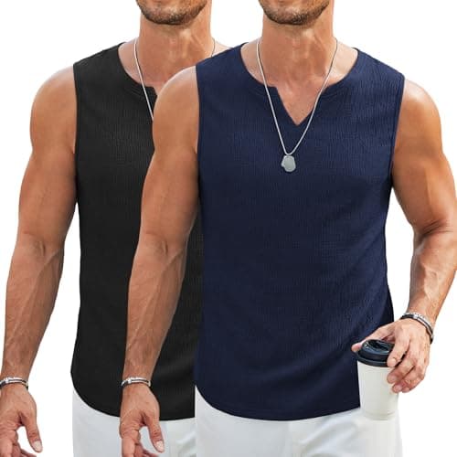 COOFANDY Mens 2 Pack Tank Top Textured Casual Sleeveless T Shirts Knit Tank Tops Sleeveless Classic Fit T Shirt Navy - Image 1