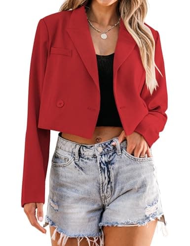 Luvamia Womens Fashion Lapel Cropped Blazer - Business Casual Open Front Red Blazer Dress Suit - Size 4/6 - Image 1