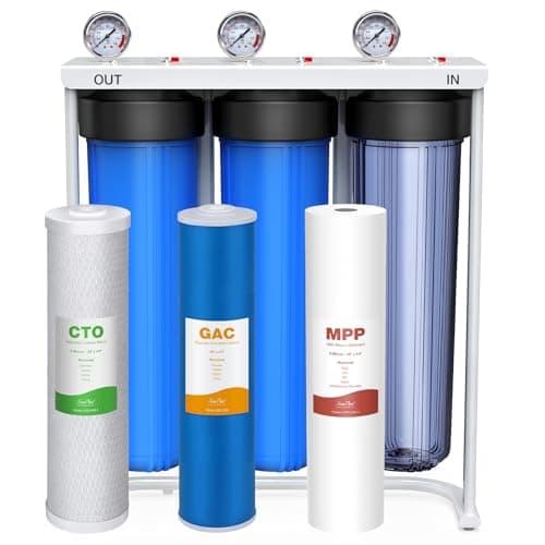 SimPure Whole House Water Filter System, 3-Stage Clear Home Water Pre-Filtration with Carbon Sediment and GAC Filters, Reduce Odor, Chlorine, Taste, Iron, 1" NPT Brass Port, BPA Free (DB20P-3) - Image 1