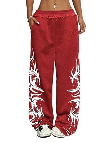ZAFUL Womens Wide Leg Sweatpants Y2K Gothic Graffiti High Waisted Lounge Pants Athletic Joggers Pants with Pockets 1-Red S - Image 1