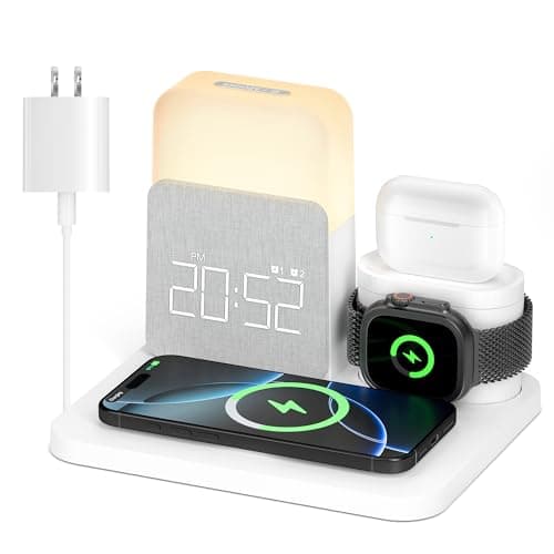 Alarm Clock with Wireless Charger for Bedrooms, 6 in 1 Wireless Charging Station, Magnetic Charger with Night Light Bedside Clock for iPhone 16 15 14 13 12 Pro Max, Apple Watch, AirPods - Image 1