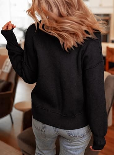 Dokotoo Oversized Sweaters for Women Crewneck Crop Ribbed Knit Tops Solid Color Patchwork Fall Winter Business Casual Pullover Sweater Trendy Black Large - Thumbnail 2