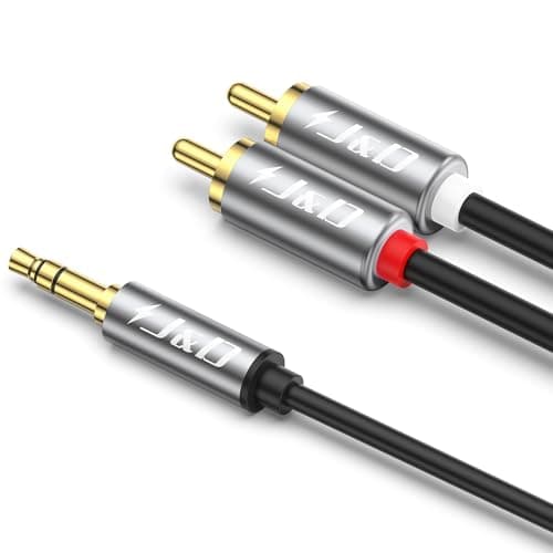 J&D 3.5mm Male to 2 RCA Phono Male Stereo Audio Cable, Aluminum Alloy Shell Gold-Plated RCA Audio Adapter Aux Cable, Grey, 15 Feet - Image 1
