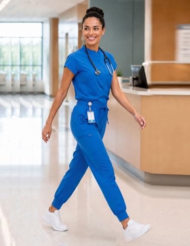 VECARDI Women's Scrub Jogger Pants High Waisted Stretch Nurse Work Bottoms 5 Pockets Elastic Waist Slim Fit Royal Blue - Thumbnail 2