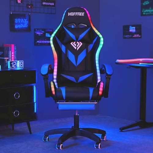 HOFFREE Gaming Chair Massage with Bluetooth Speakers and Led Lights Ergonomic Computer Gaming Chair with Footrest RGB Video Game Chair with High Back Lumbar Support Blue and Black - Thumbnail 4