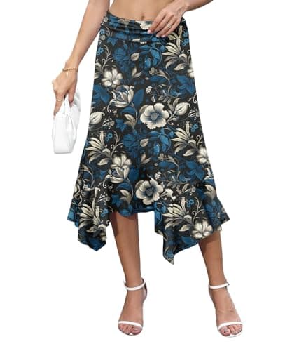YSYOKOW Midi Skirts for Women Summer High Waisted Flowy A-Line with Asymmetrical Ruffle Hem Stretchy Casual Boho Skirt - Big Flower Blue Leaf, Medium - Image 1
