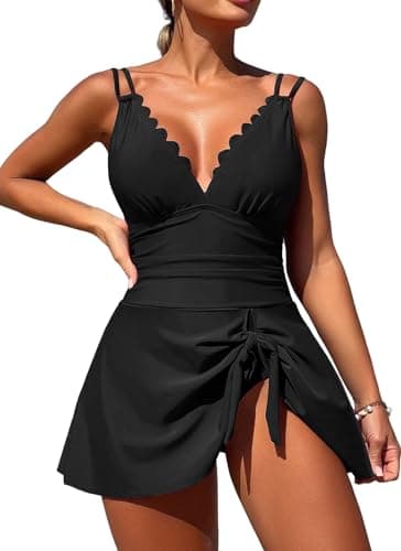 ZAFUL Womens One Piece Swimdress Swimsuits Tummy Control Bathing Suit Tie Knot 2025 Swim Dress Swim Skirt(Black S) - Image 1