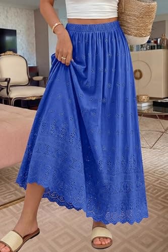 dowerme Women Summer Maxi Skirt Cute Elastic High Waist Boho Eyelet A-Line Cotton Flwoy Long Skirts Spring Clothes 2026(Blue,X-Large) - Thumbnail 3