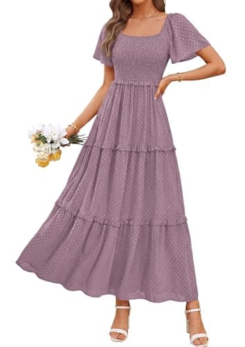 PRETTYGARDEN Summer Dresses for Women 2026 Boho Maxi Smocked Spring Wedding Guest Square Neck Short Sleeve Swiss Dot Dress (Purple,Large) - Image 1