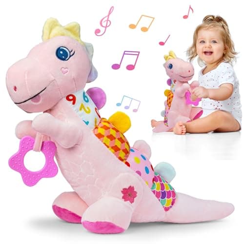 Baby Dino Plush Soft Stuffed Animal Toy for 0-3-6-12+ Months,Infant Musical Toy with Rattle,Squeaker,Sensory Crinkle,Teether & Textures,Tummy Time Toys Christmas Baby Gift for Newborn Girl(Pink) - Image 1