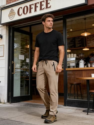 Hiking Pants Men Sweatpants with 2 Zipper Pockets Waterproof Quick Dry Lightweight UPF 50+ Cargo Elastic Waist Drawstring Casual Work Athletic Workout Khaki XXL - Thumbnail 3