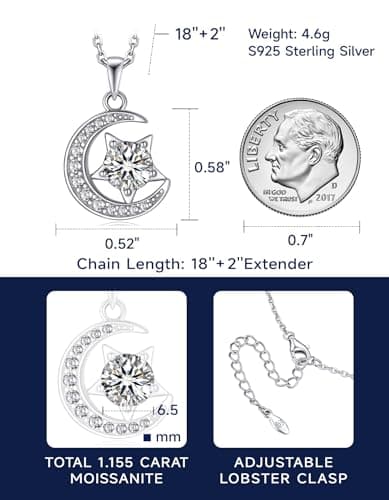 MomentWish Moissanite Necklace for Women, 1 Carat Simulated Moissanite Necklace for Her 925 Sterling Silver Pendant Anniversary Birthday Christmas Gifts for Mom Wife Girlfriend-Crescent - Thumbnail 6