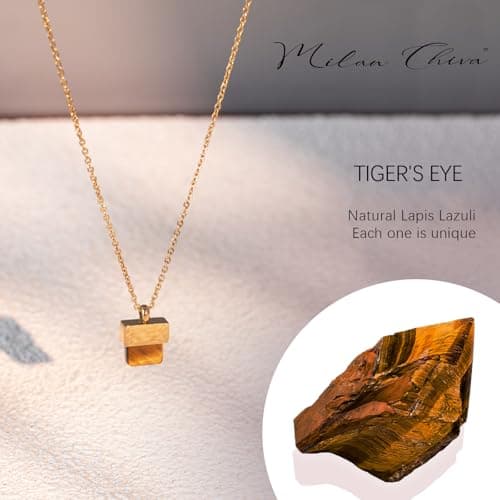 Milan Chiva 14K Gold Plated Brown Tigers Eye Stacked Necklace for Women, Dainty Trendy Non Tarnish Pendant Charm Necklaces Fashion Jewelry for Women Waterproof MNS-1005BR - Thumbnail 2
