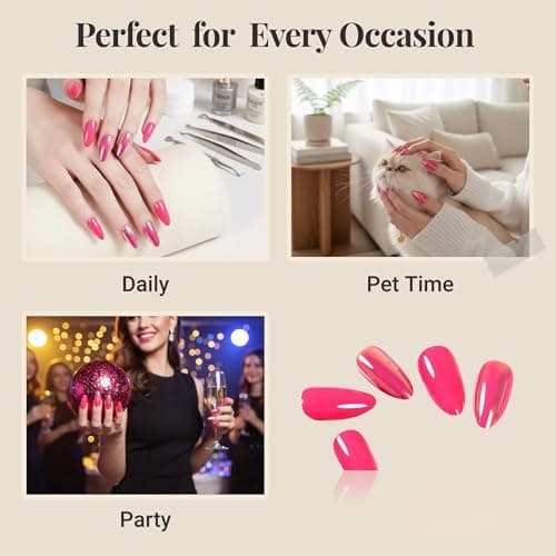 ZANVIA Nails Press Ons Almond - Hot Pink Glossy Iridescent Reusable Acrylic False Nails for DIY Manicure, 24 Nails in 12 Sizes with Glue, Adhesive Tabs, Nail File, Prep Pad, Manicure Stick - Thumbnail 3