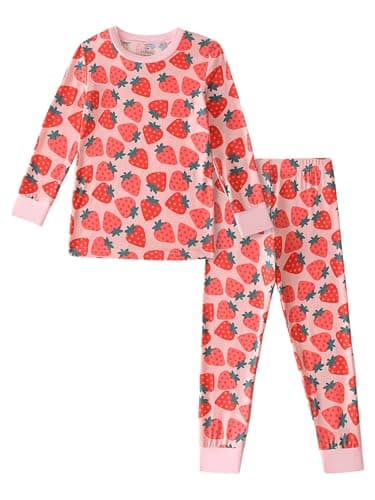 Joonberry Toddler Kids Soft Bamboo Viscose Long Sleeve Top and Pants Clothing Set–2-Piece 2-9Y Boys Girls Outfit（Strawberry, 5-6Y - Image 1