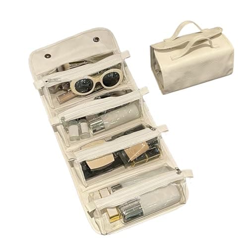 YAKUNCL 4-IN-1 Detachable Cosmetic Bag, Foldable Waterproof PU Leather Makeup Bag, Portable Travel Toiletry Organizer Bag for Women Daily & Travel Use (Almond White) - Image 1