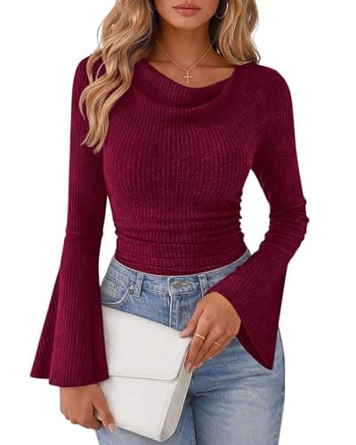 Lazysmile Women's Bell Sleeve Cowl Neck Ribbed Knit Shirts 2033 Ruched Trendy Going Out Tops Casual T Shirt Wine Red - Image 1