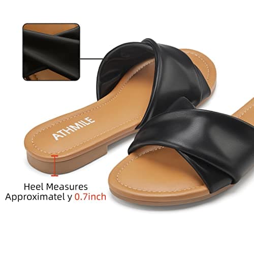 ATHMILE Sandals Women Dressy Summer Flat Comfortable Fashion Beach Cute Ladies Slides Leather Casual Dress Women's Sandals 2025 Black Size 11 - Thumbnail 4
