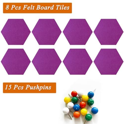 HULAVO 8 Pcs Hexagon Felt Cork Bulletin Board Tiles, Self Adhesive DIY Bulletin Board Pin Board for Office School Home Wall Decor Memos Photos Display(Light Purple) - Thumbnail 4