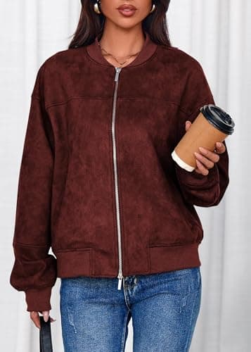 Lazysmile Women's Faux Suede Bomber Jackets Fall Fashion Outfits Winter Clothes Stand Collar Zip Up Coats Outwear with Pockets - Thumbnail 4